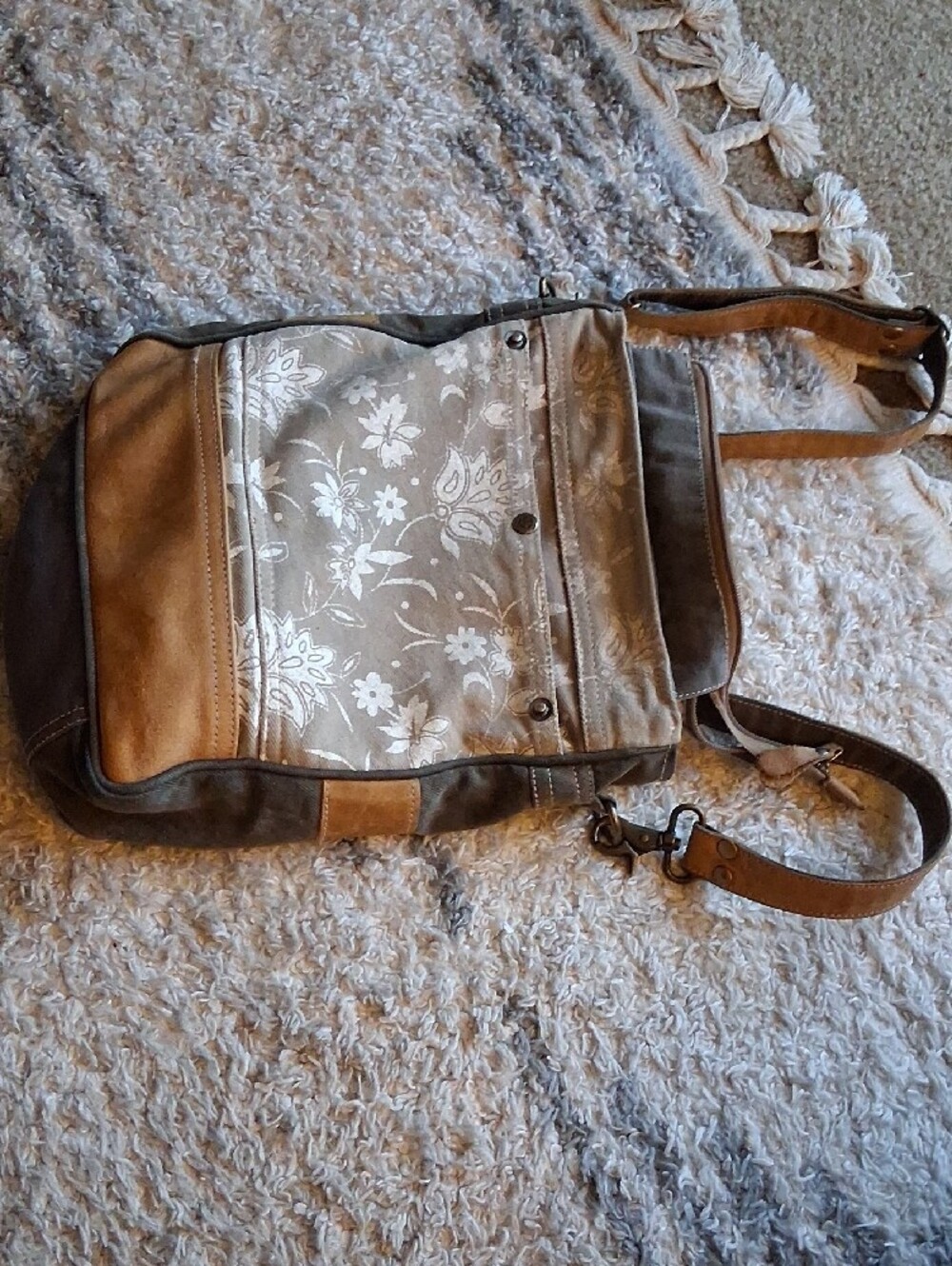 Myra Bag Canvas Leather Floral Crossbody Bag in Beige and Brown - Picture 13 of 16